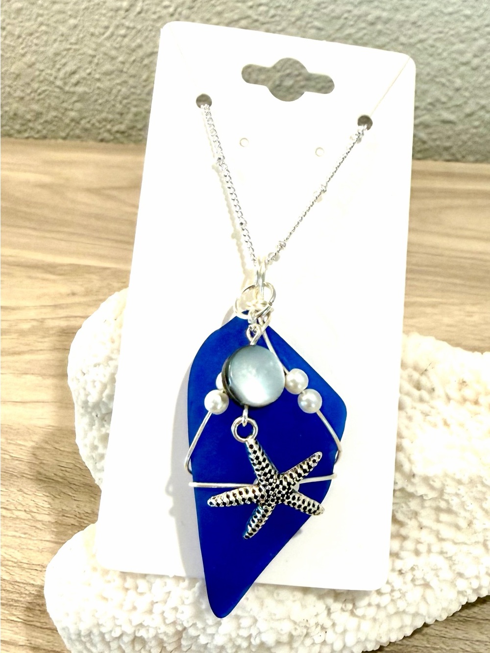 138. Blue sea glass Starfish Pendant Necklace - Women Jewelry